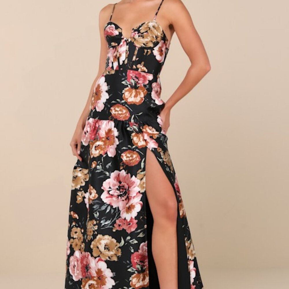 NWT: (XS) Lulus Confident Delight Black Floral Tiered Bustier Maxi Dress